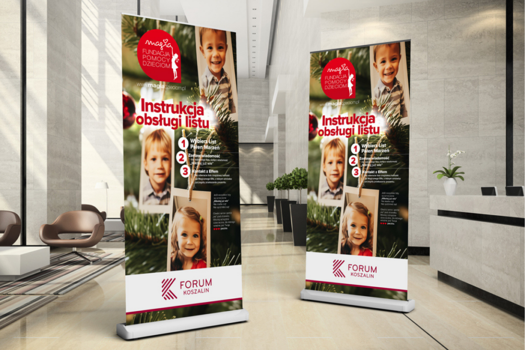 Roll-upy reklamowe z wydrukiem marketingowym do promocji fundacji